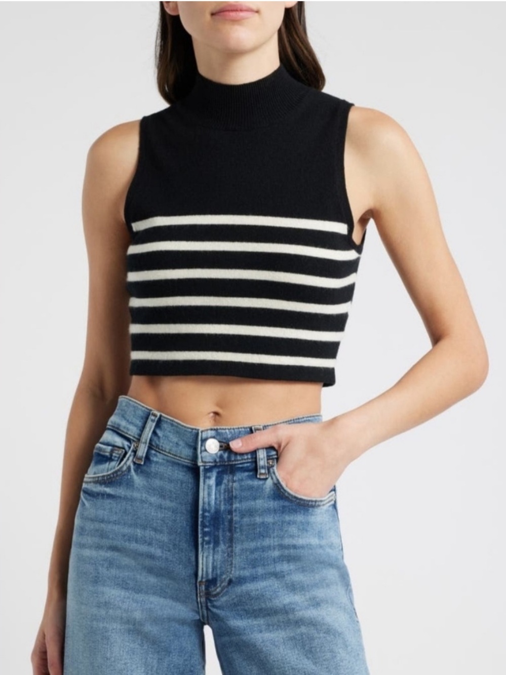 Frame Denim Black and Cream Striped Mock Neck Crop Tank